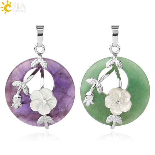 Natural Stone Donut Pendant โ Round Flower & Leaf Design for Reiki Healing & Necklace Making