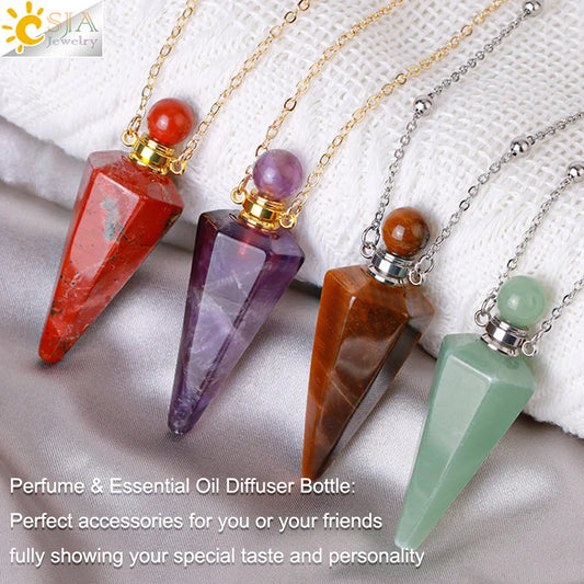 Natural Stone Cone Perfume Bottle Necklace โ Clear Quartz Crystal Pendant & Essential Oil Diffuser