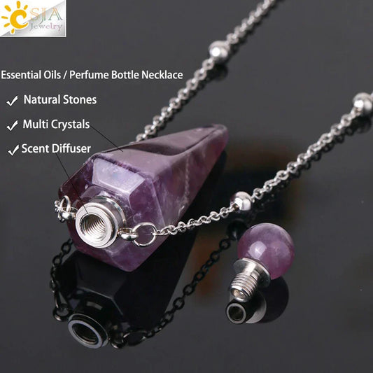 Natural Stone Perfume Bottle Necklace โ Clear Quartz Crystal Pendant & Essential Oil Diffuser