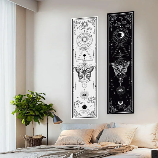 Gothic Witchy Sun & Moon Tapestry โ Black & White Butterfly Wall Hanging for Aesthetic Home Decor