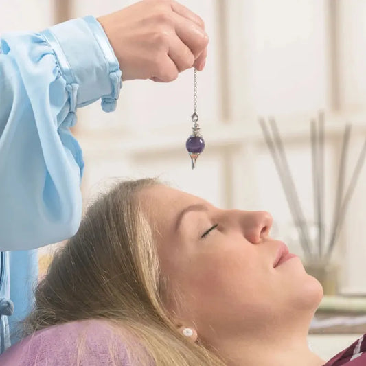 Chakra Natural Stone Crystal Pendulum โ Detachable Round Amethyst Pendant for Dowsing & Healing