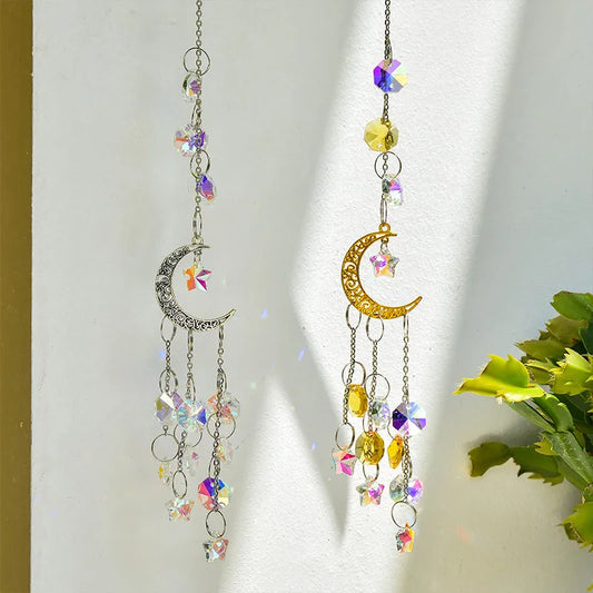Moon Pentagram Crystal Sun Catcher โ Silver/Gold Hanging Pendant for Window & Garden Decor