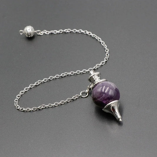 Chakra Natural Stone Crystal Pendulum โ Detachable Round Amethyst Pendant for Dowsing & Healing